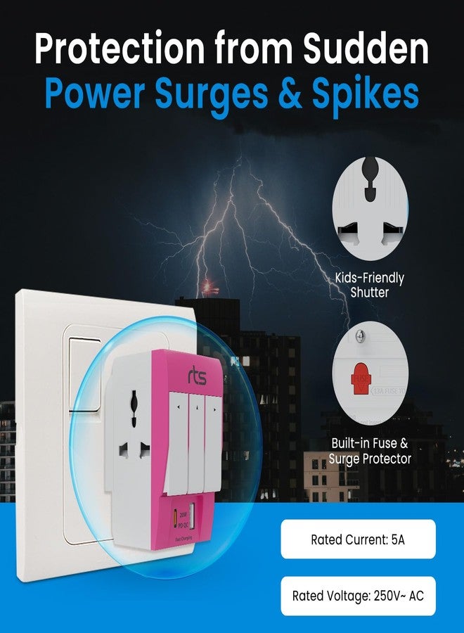 rts 3 Way 3 Pin Universal Multiplug Travel Adaptor with Type C PD & USB Ports Individual Switch LED Indicator Compatible with Home/Office/Industrial Use/Laptop/Desktop/Mobile/Printer Pink - Image 5